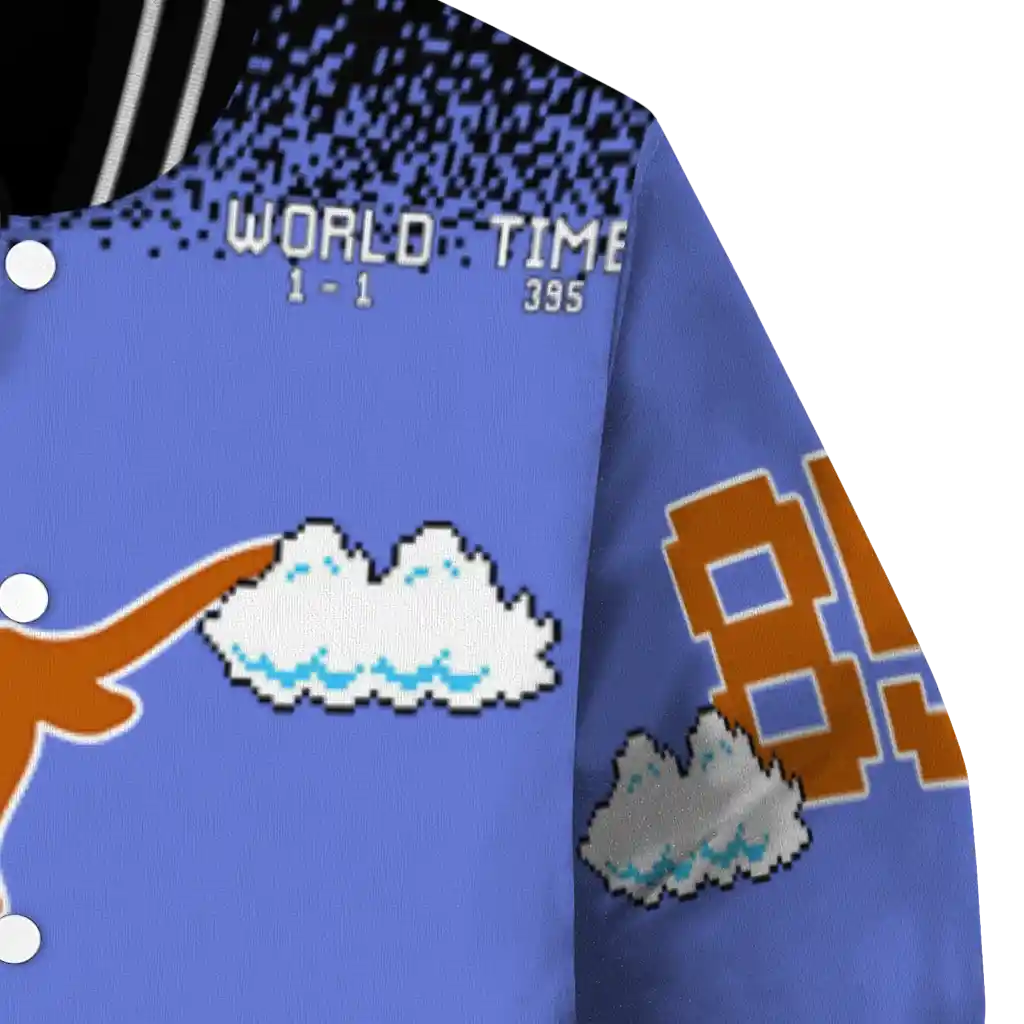 personalized texas longhorns mario blocks blue black varsity jacket premium grade personalized texas longhorns mario blocks blue black varsity jacket premium grade