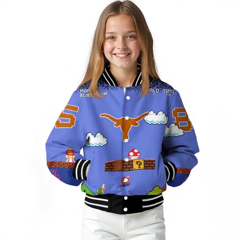 personalized texas longhorns mario blocks blue black varsity jacket top rated personalized texas longhorns mario blocks blue black varsity jacket top rated