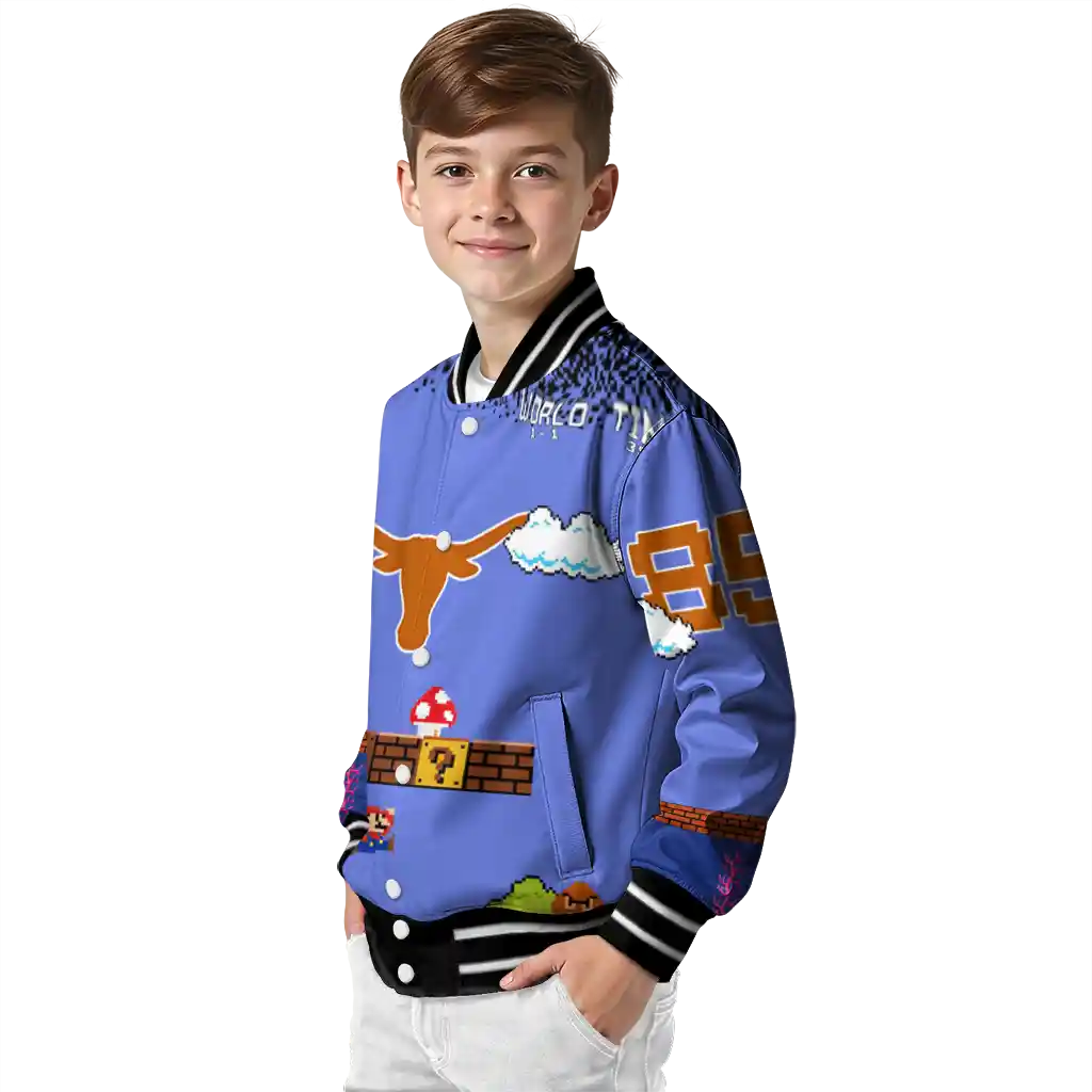 personalized texas longhorns mario blocks blue black varsity jacket trendy personalized texas longhorns mario blocks blue black varsity jacket trendy
