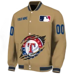 personalized texas rangers claw swipe beige varsity jacket best selling