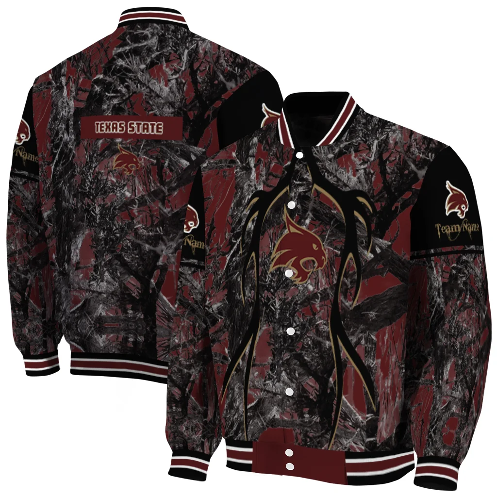 personalized texas state bobcats antlers motif maroon black varsity jacket fashion forward personalized texas state bobcats antlers motif maroon black varsity jacket fashion forward