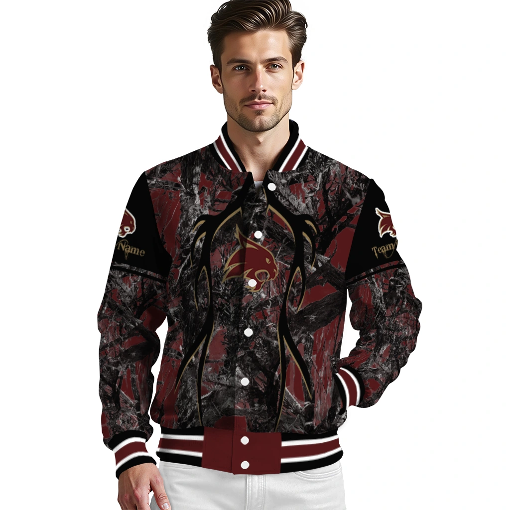 personalized texas state bobcats antlers motif maroon black varsity jacket high quality personalized texas state bobcats antlers motif maroon black varsity jacket high quality