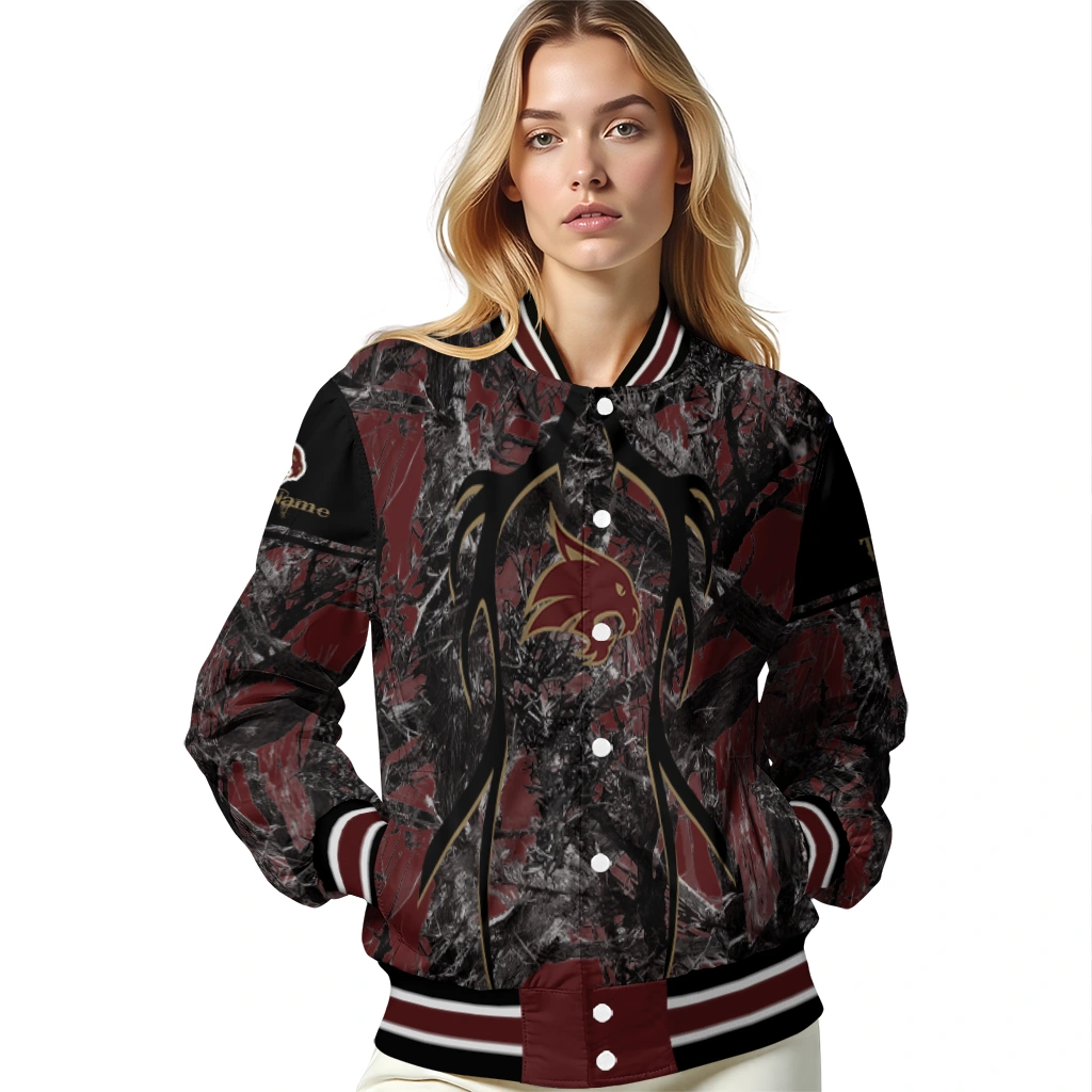 personalized texas state bobcats antlers motif maroon black varsity jacket latest model personalized texas state bobcats antlers motif maroon black varsity jacket latest model