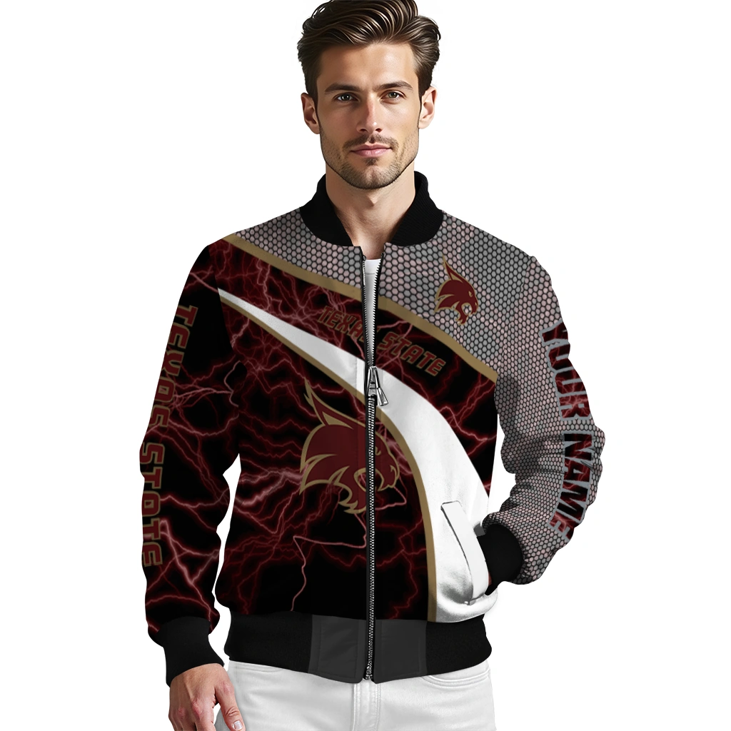 personalized texas state bobcats electric flash maroon bomber jacket high quality personalized texas state bobcats electric flash maroon bomber jacket high quality