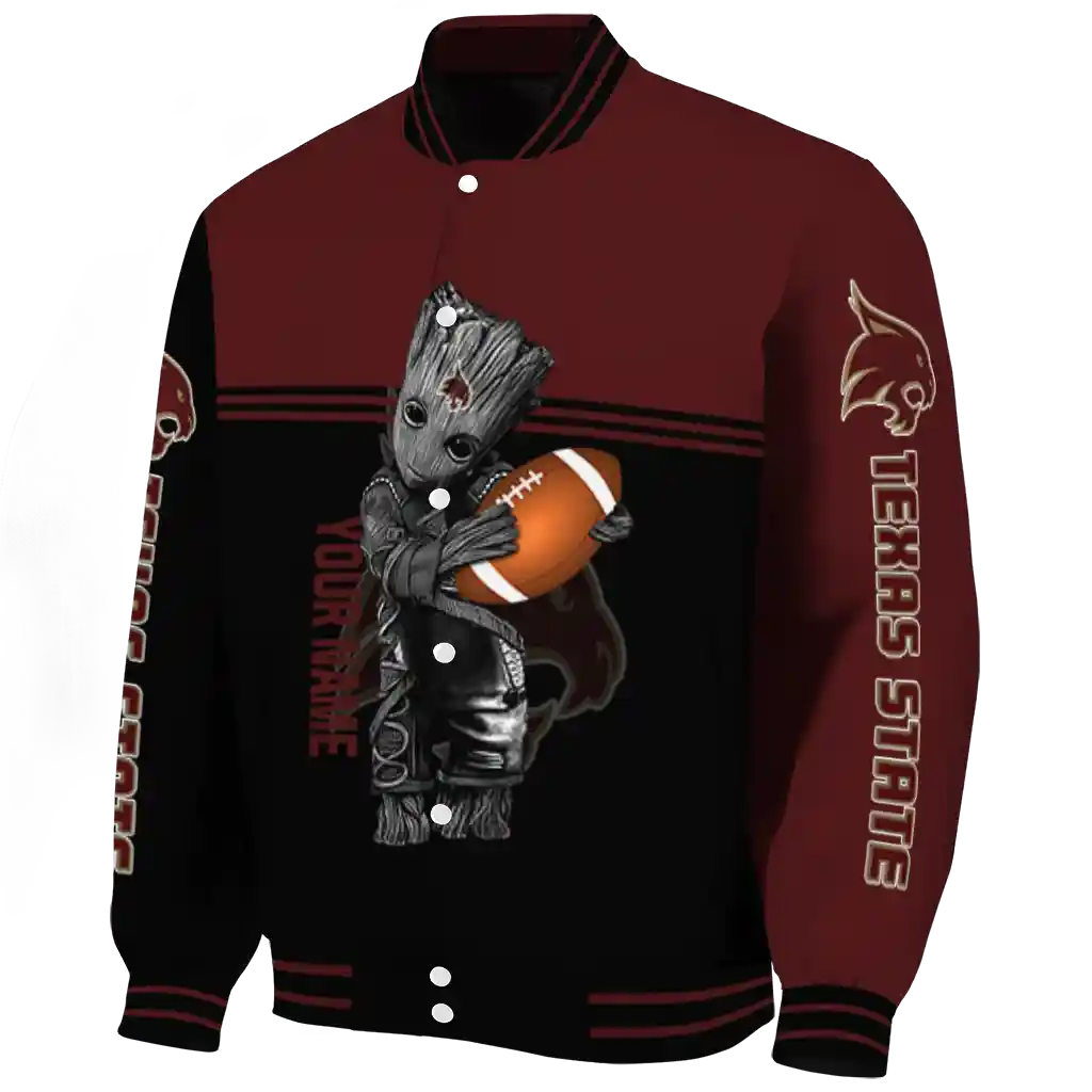 personalized texas state bobcats groot football maroon black varsity jacket best selling personalized texas state bobcats groot football maroon black varsity jacket best selling
