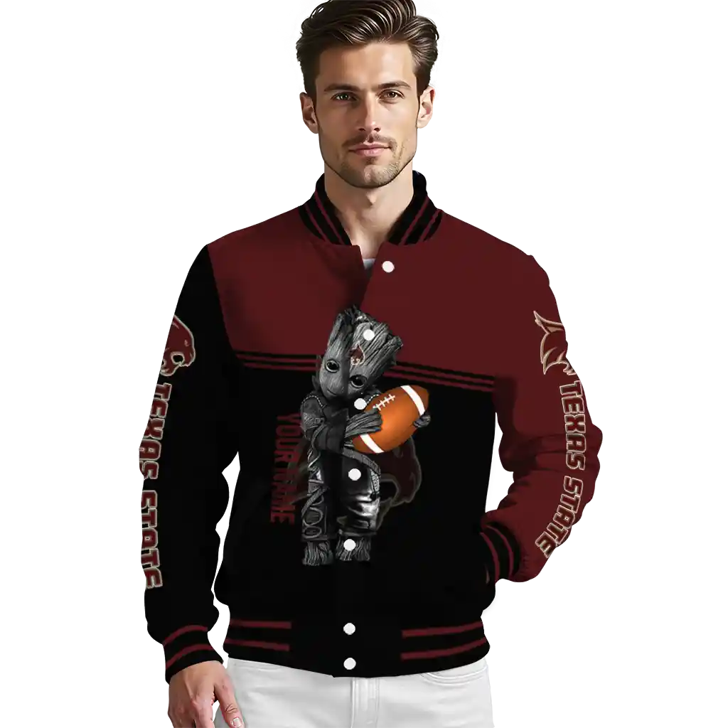 personalized texas state bobcats groot football maroon black varsity jacket high quality personalized texas state bobcats groot football maroon black varsity jacket high quality