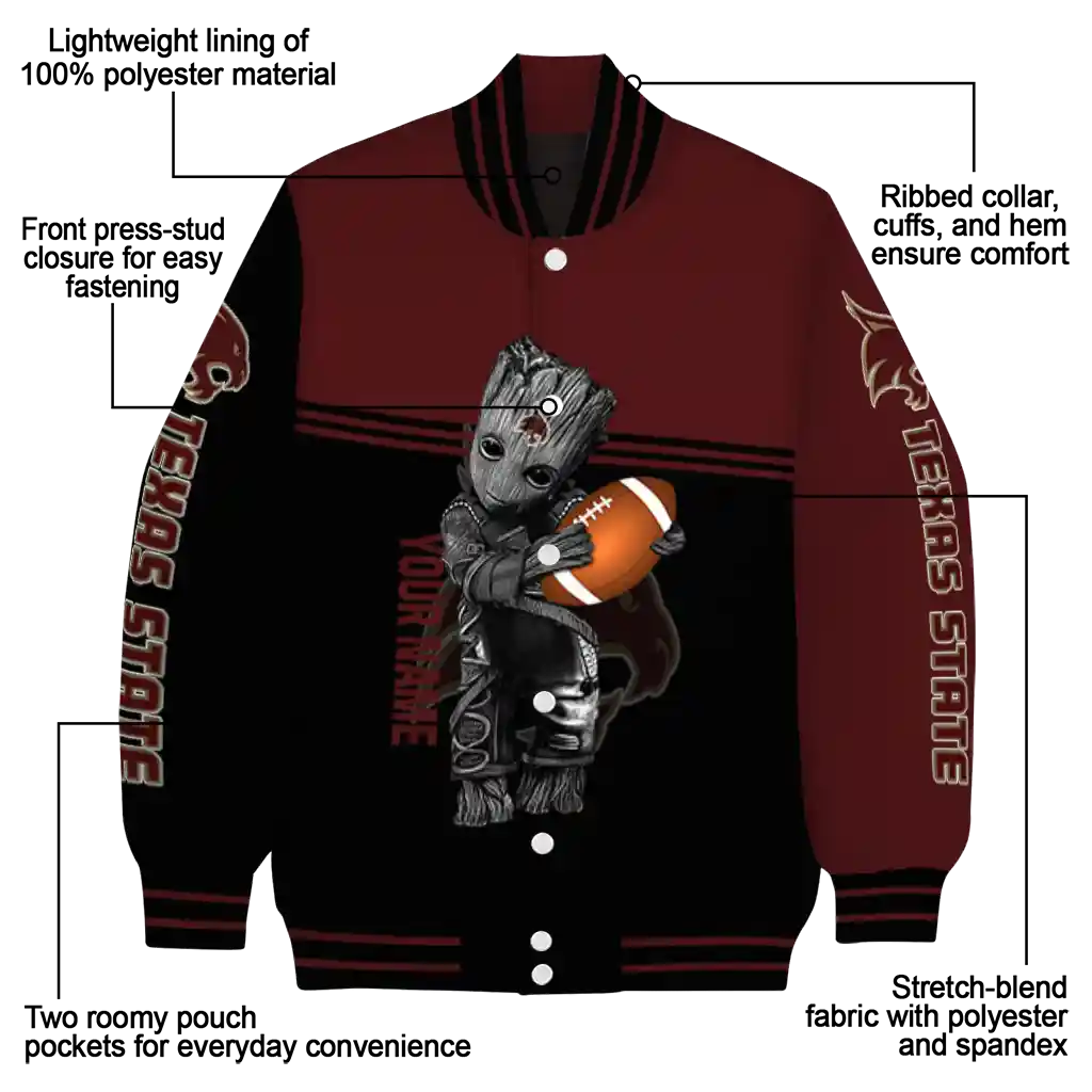 personalized texas state bobcats groot football maroon black varsity jacket new arrival personalized texas state bobcats groot football maroon black varsity jacket new arrival