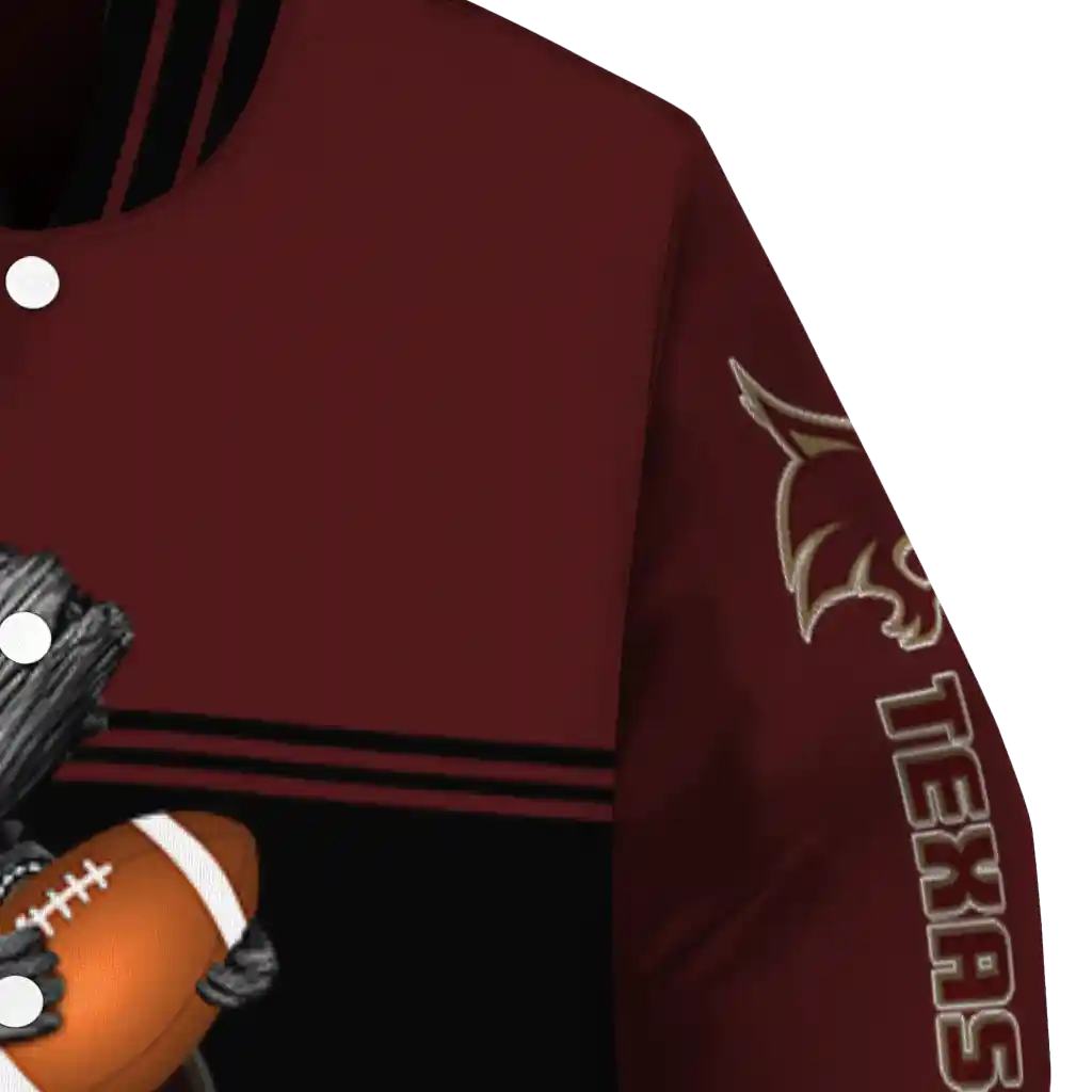 personalized texas state bobcats groot football maroon black varsity jacket premium grade personalized texas state bobcats groot football maroon black varsity jacket premium grade