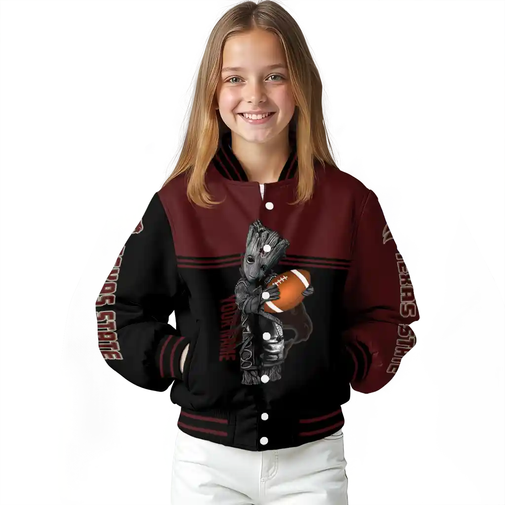 personalized texas state bobcats groot football maroon black varsity jacket top rated personalized texas state bobcats groot football maroon black varsity jacket top rated