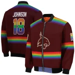 personalized texas state bobcats rainbow jersey number maroon bomber jacket best selling