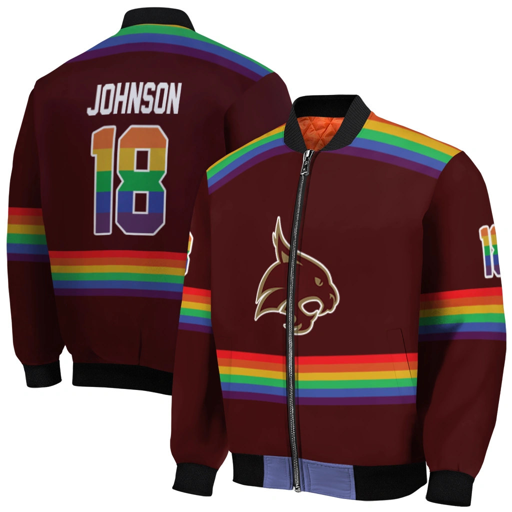 personalized texas state bobcats rainbow jersey number maroon bomber jacket best selling personalized texas state bobcats rainbow jersey number maroon bomber jacket best selling