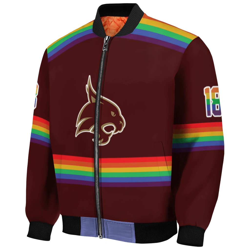 personalized texas state bobcats rainbow jersey number maroon bomber jacket fashion forward personalized texas state bobcats rainbow jersey number maroon bomber jacket fashion forward