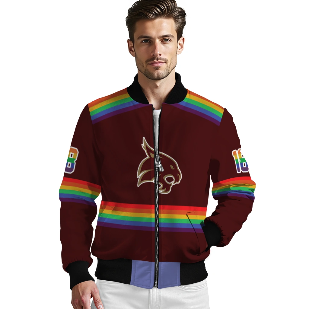 personalized texas state bobcats rainbow jersey number maroon bomber jacket high quality personalized texas state bobcats rainbow jersey number maroon bomber jacket high quality