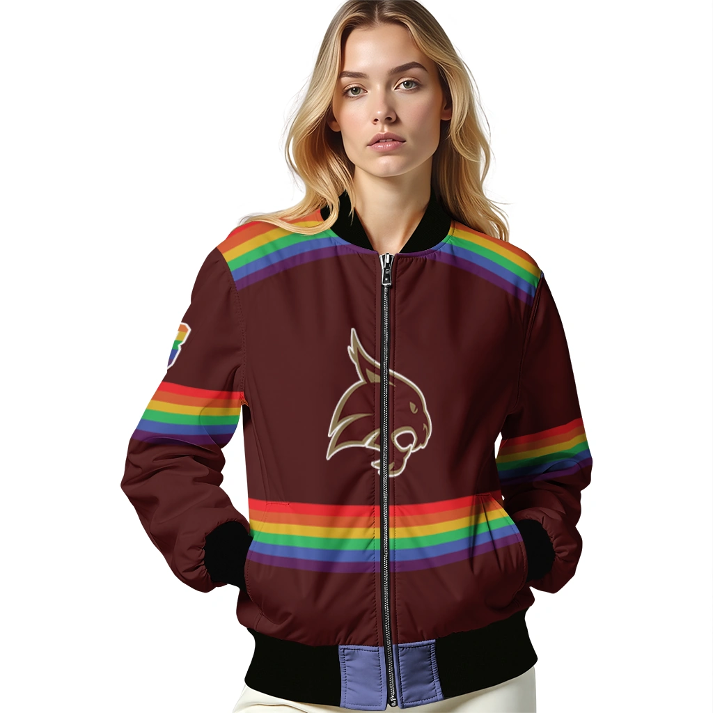 personalized texas state bobcats rainbow jersey number maroon bomber jacket latest model personalized texas state bobcats rainbow jersey number maroon bomber jacket latest model