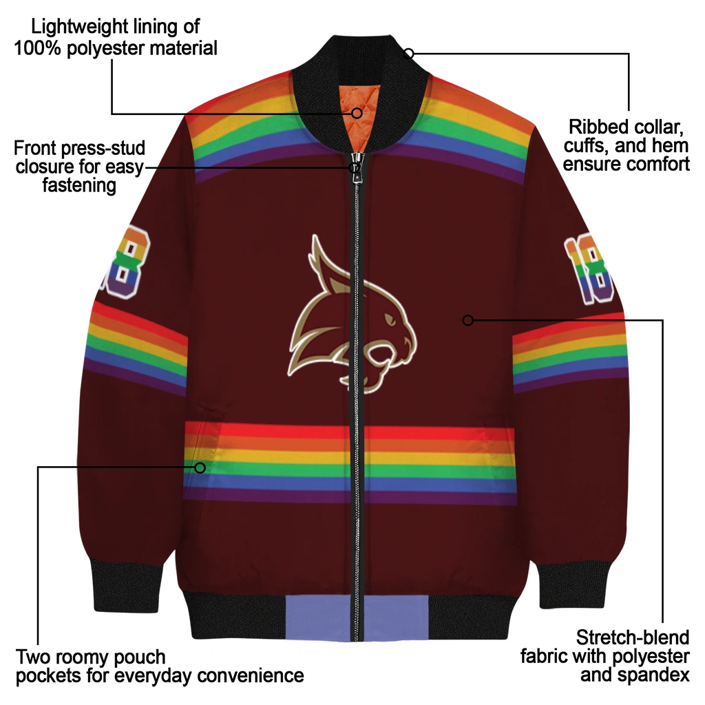 personalized texas state bobcats rainbow jersey number maroon bomber jacket new arrival personalized texas state bobcats rainbow jersey number maroon bomber jacket new arrival