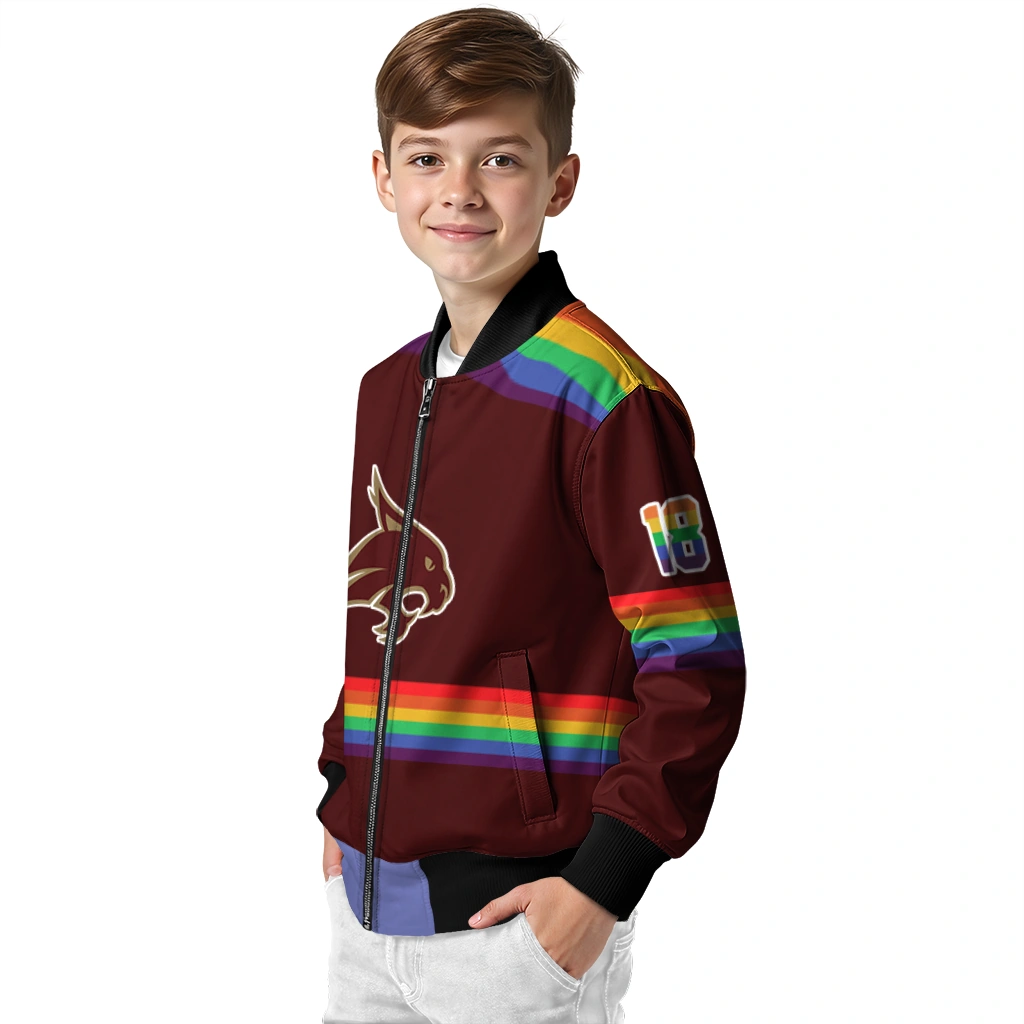 personalized texas state bobcats rainbow jersey number maroon bomber jacket trendy personalized texas state bobcats rainbow jersey number maroon bomber jacket trendy