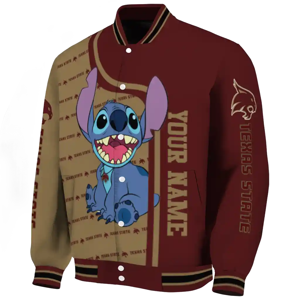 personalized texas state bobcats stitch laughing maroon varsity jacket best selling personalized texas state bobcats stitch laughing maroon varsity jacket best selling