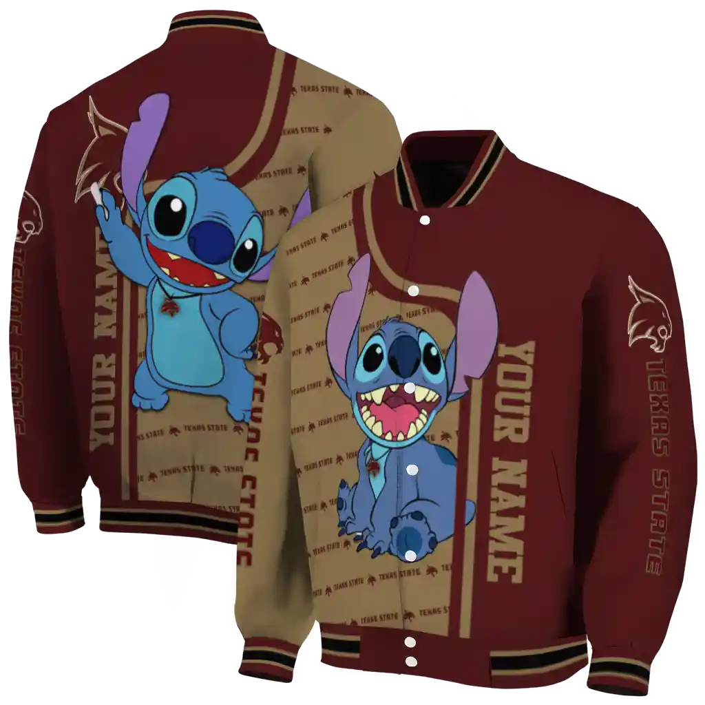 personalized texas state bobcats stitch laughing maroon varsity jacket fashion forward personalized texas state bobcats stitch laughing maroon varsity jacket fashion forward