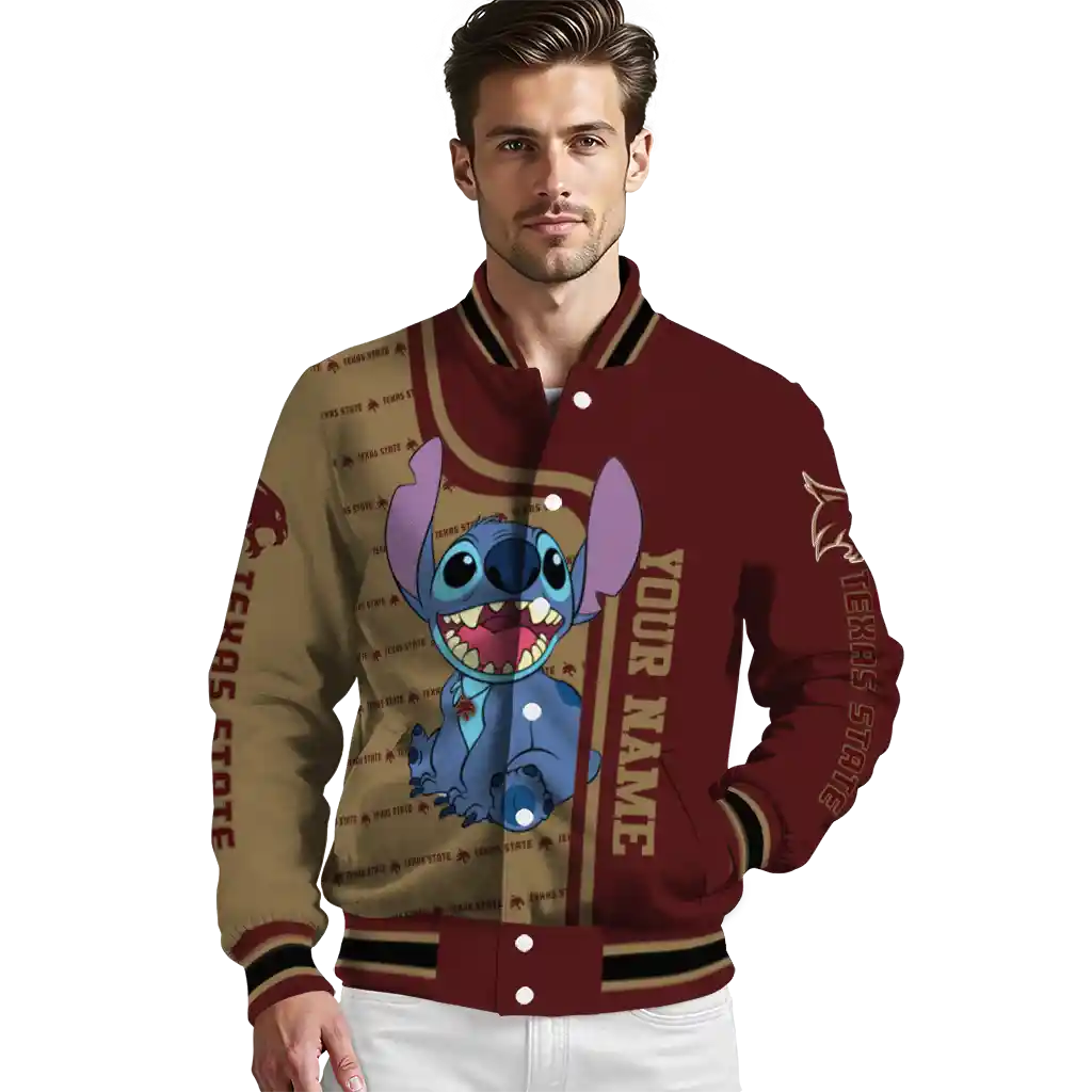 personalized texas state bobcats stitch laughing maroon varsity jacket high quality personalized texas state bobcats stitch laughing maroon varsity jacket high quality
