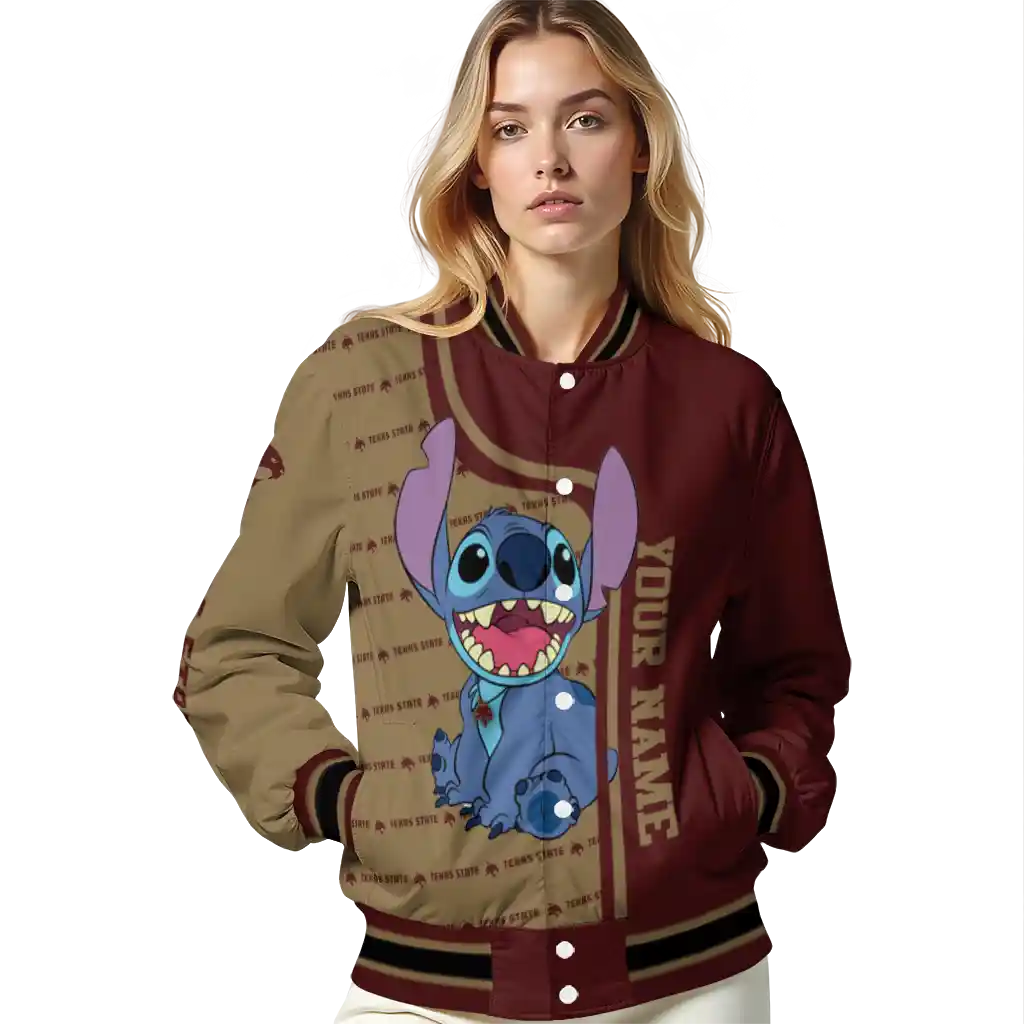personalized texas state bobcats stitch laughing maroon varsity jacket latest model personalized texas state bobcats stitch laughing maroon varsity jacket latest model