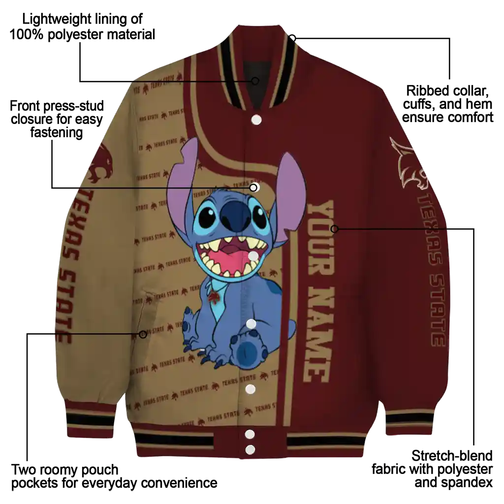 personalized texas state bobcats stitch laughing maroon varsity jacket new arrival personalized texas state bobcats stitch laughing maroon varsity jacket new arrival