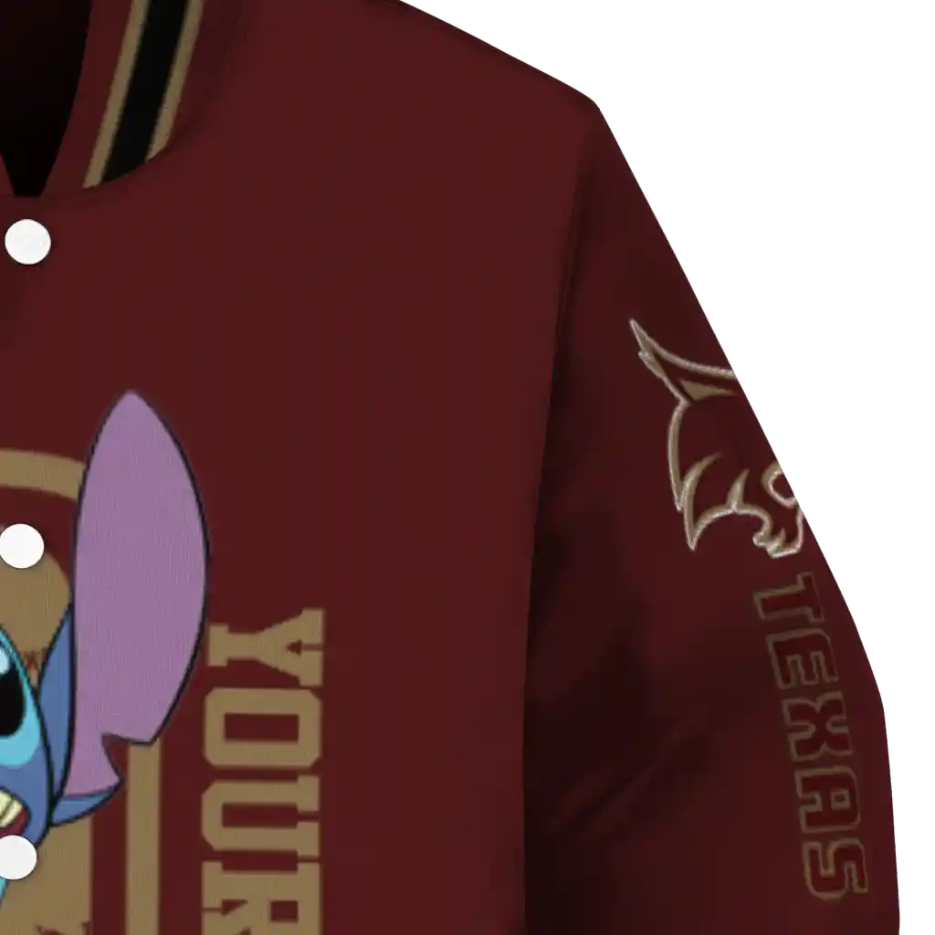 personalized texas state bobcats stitch laughing maroon varsity jacket premium grade personalized texas state bobcats stitch laughing maroon varsity jacket premium grade
