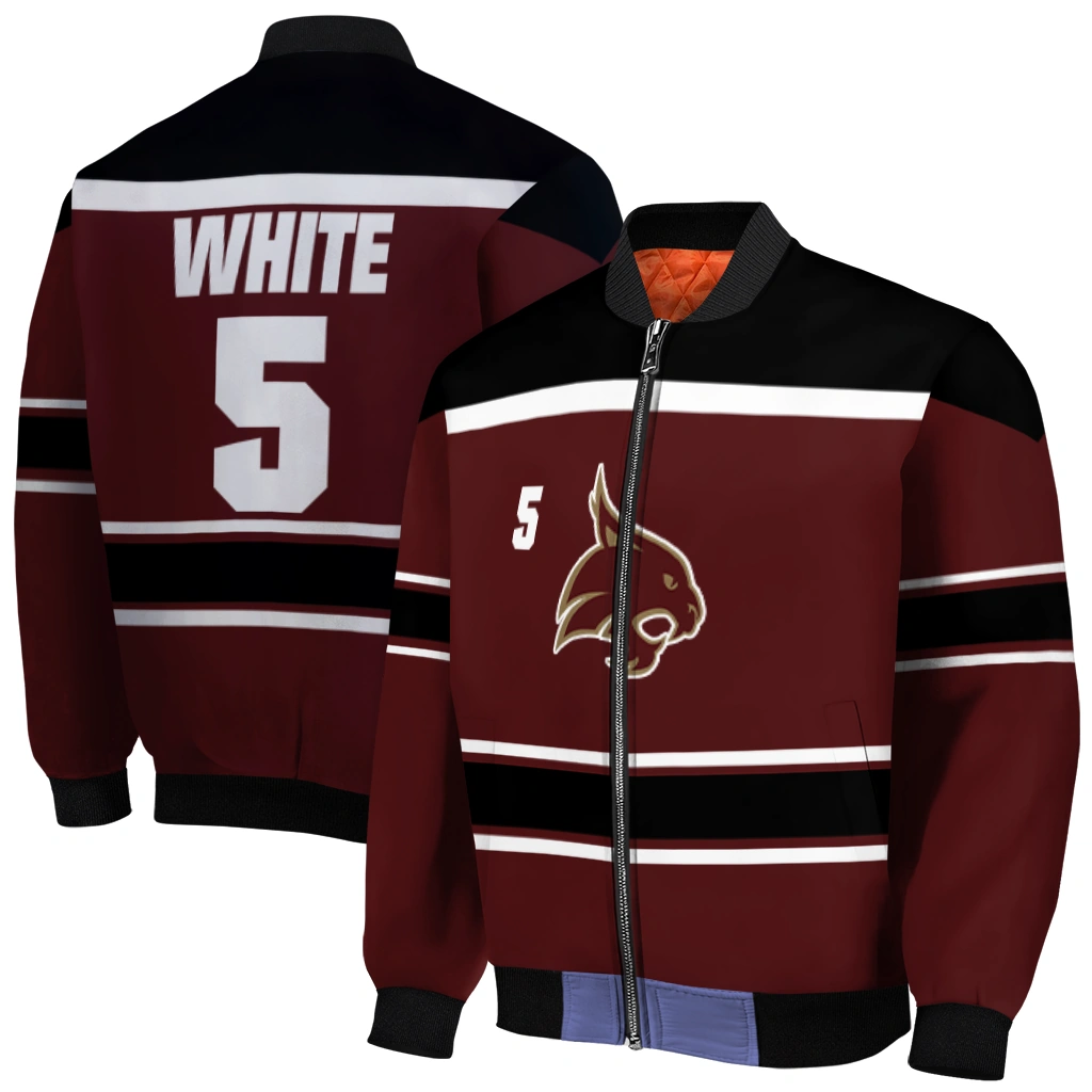 personalized texas state bobcats stripe statement maroon black bomber jacket best selling personalized texas state bobcats stripe statement maroon black bomber jacket best selling