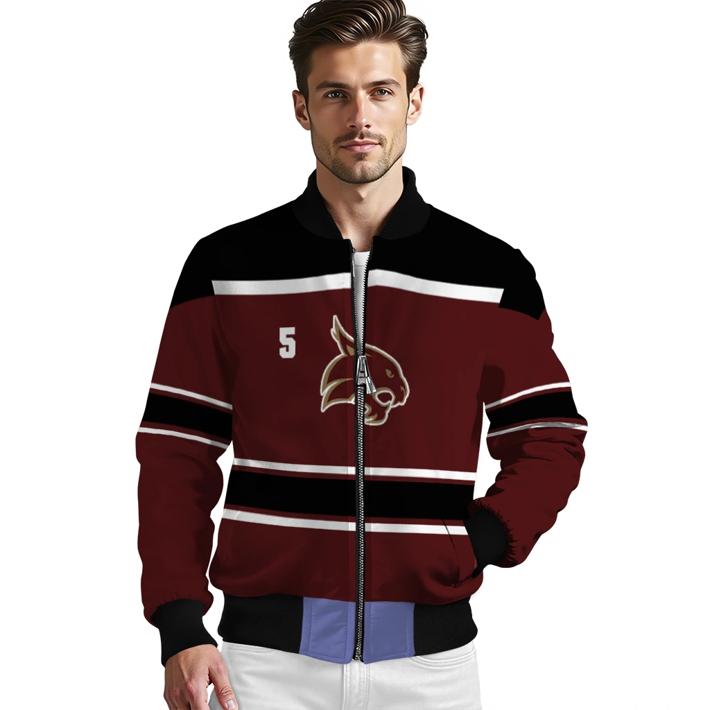 personalized texas state bobcats stripe statement maroon black bomber jacket high quality personalized texas state bobcats stripe statement maroon black bomber jacket high quality