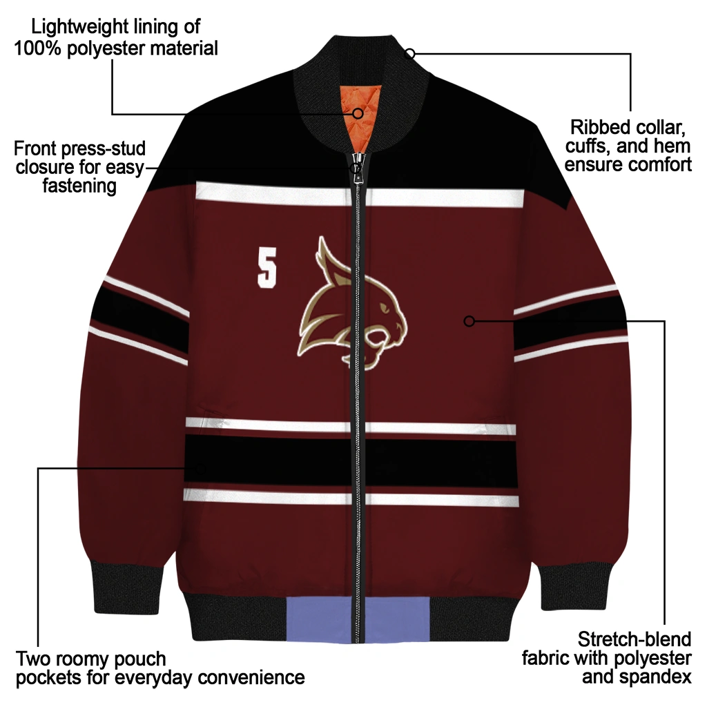 personalized texas state bobcats stripe statement maroon black bomber jacket new arrival personalized texas state bobcats stripe statement maroon black bomber jacket new arrival