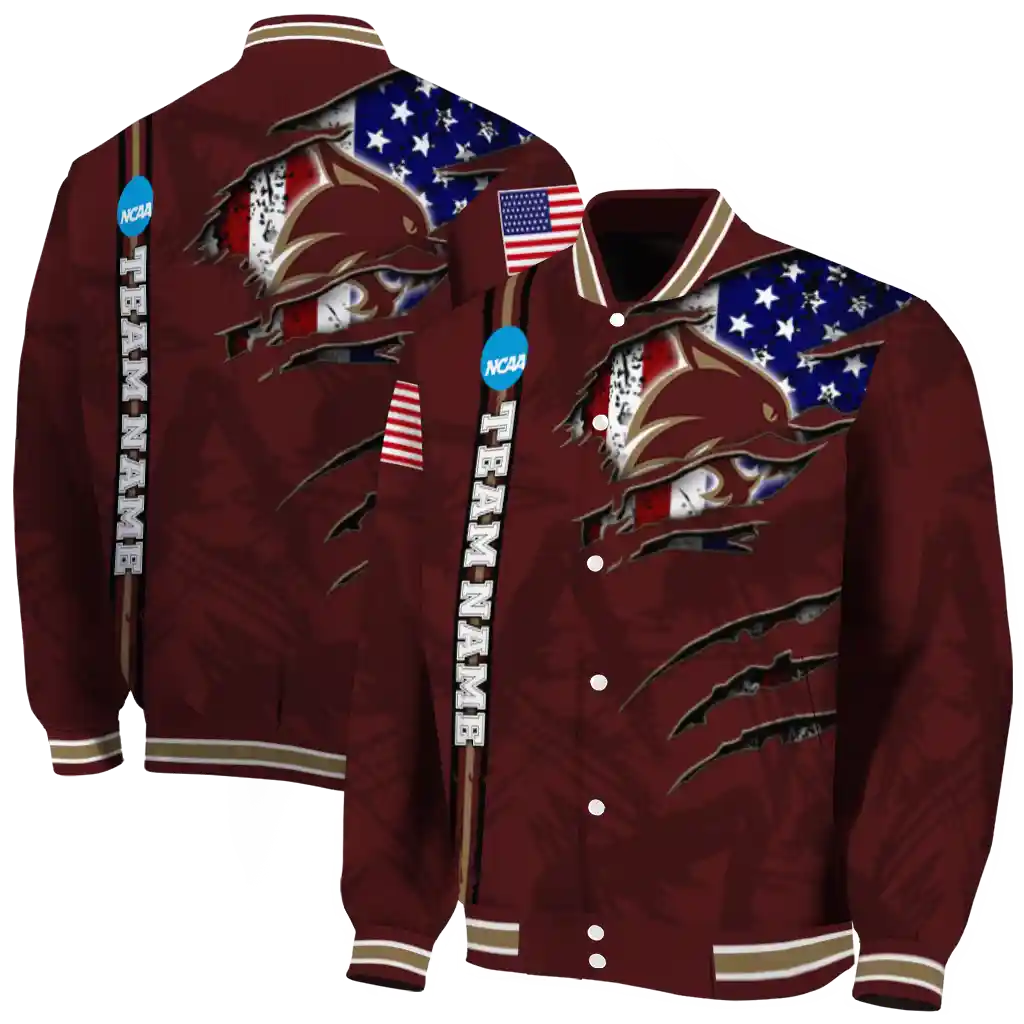 personalized texas state bobcats usa flag claws maroon varsity jacket fashion forward personalized texas state bobcats usa flag claws maroon varsity jacket fashion forward