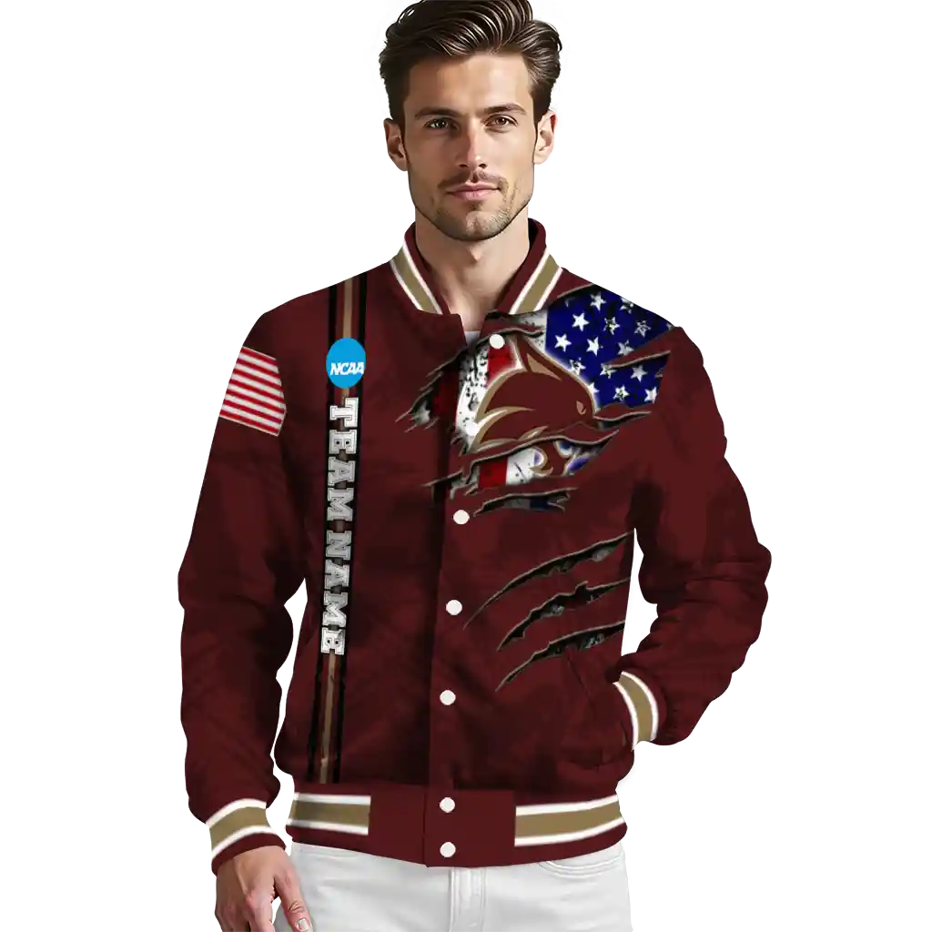 personalized texas state bobcats usa flag claws maroon varsity jacket high quality personalized texas state bobcats usa flag claws maroon varsity jacket high quality