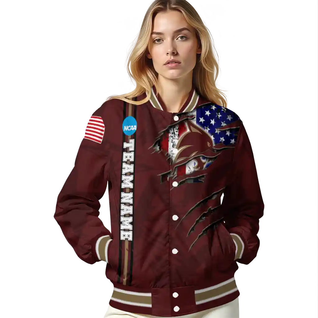 personalized texas state bobcats usa flag claws maroon varsity jacket latest model personalized texas state bobcats usa flag claws maroon varsity jacket latest model
