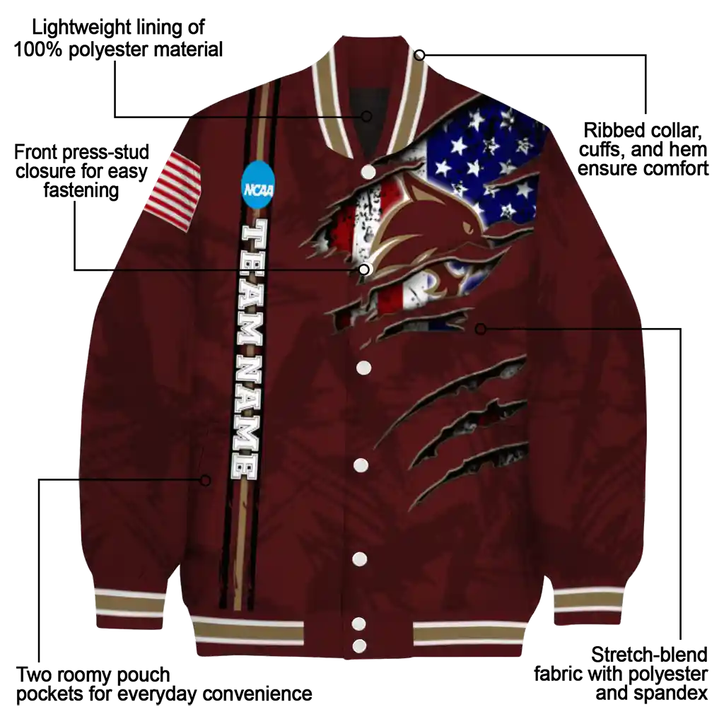 personalized texas state bobcats usa flag claws maroon varsity jacket new arrival personalized texas state bobcats usa flag claws maroon varsity jacket new arrival