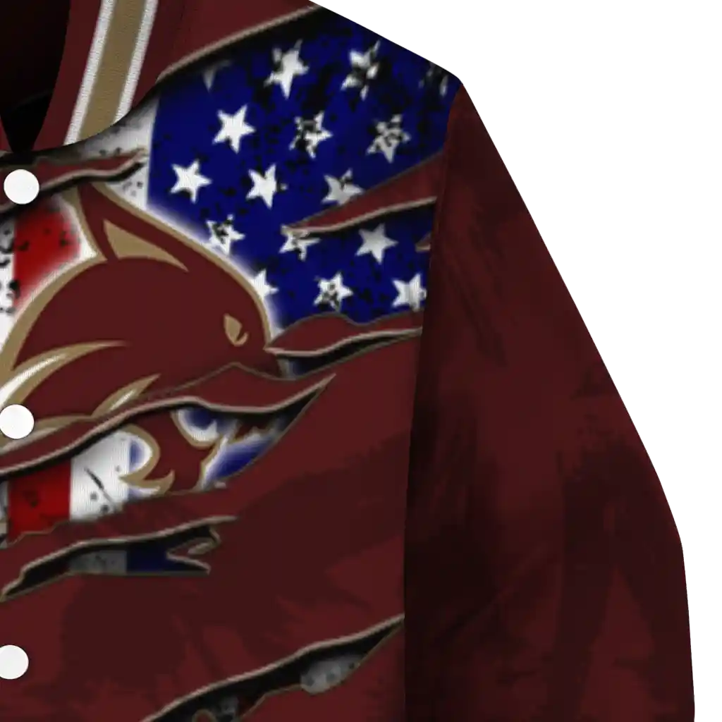 personalized texas state bobcats usa flag claws maroon varsity jacket premium grade personalized texas state bobcats usa flag claws maroon varsity jacket premium grade