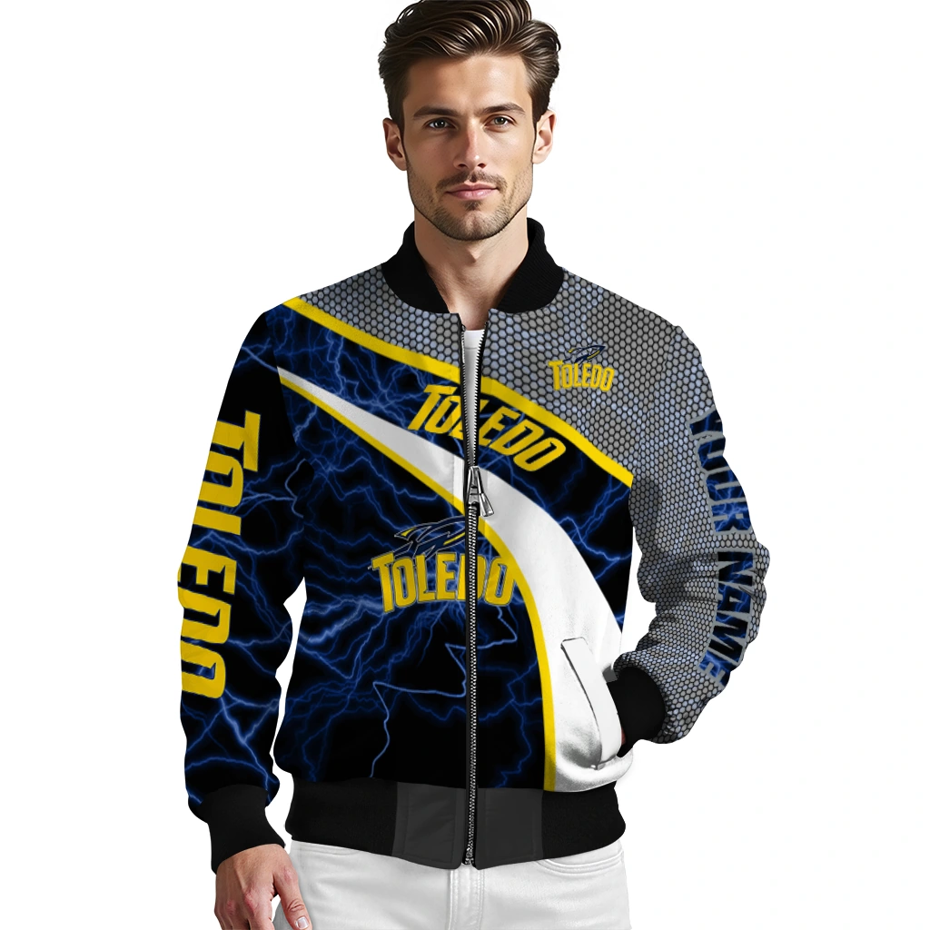personalized toledo rockets electric flash blue bomber jacket high quality personalized toledo rockets electric flash blue bomber jacket high quality