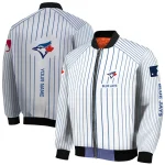 personalized toronto blue jays athlete pinstripes white bomber jacket best selling