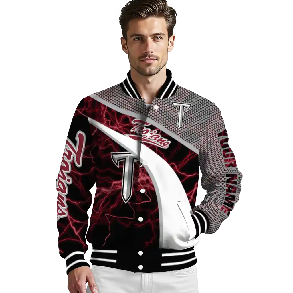 personalized troy trojans electric flash red varsity jacket high quality personalized troy trojans electric flash red varsity jacket high quality
