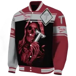 personalized troy trojans reaper hands red black varsity jacket best selling