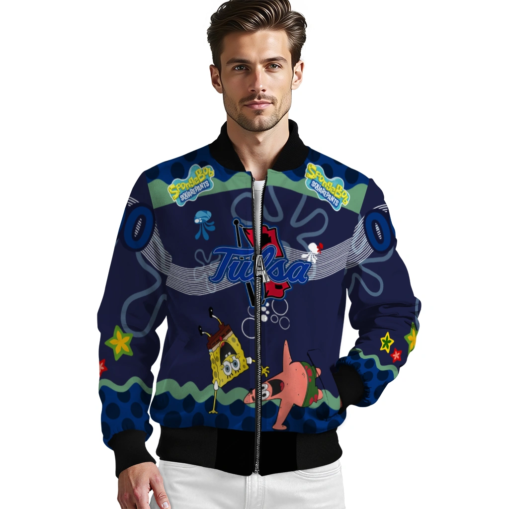 personalized tulsa golden hurricane spongebob playtime blue bomber jacket high quality personalized tulsa golden hurricane spongebob playtime blue bomber jacket high quality