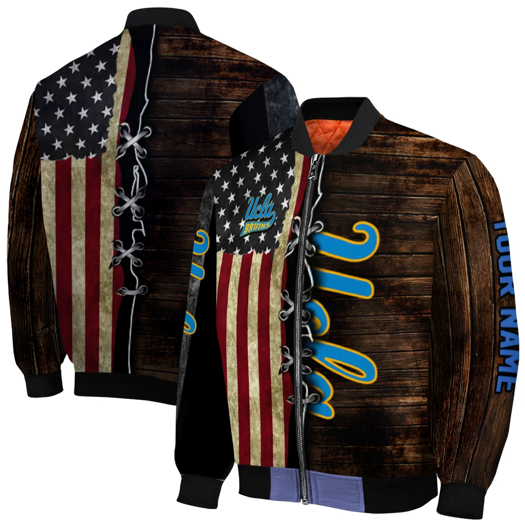 personalized ucla bruins flag wood brown bomber jacket best selling personalized ucla bruins flag wood brown bomber jacket best selling