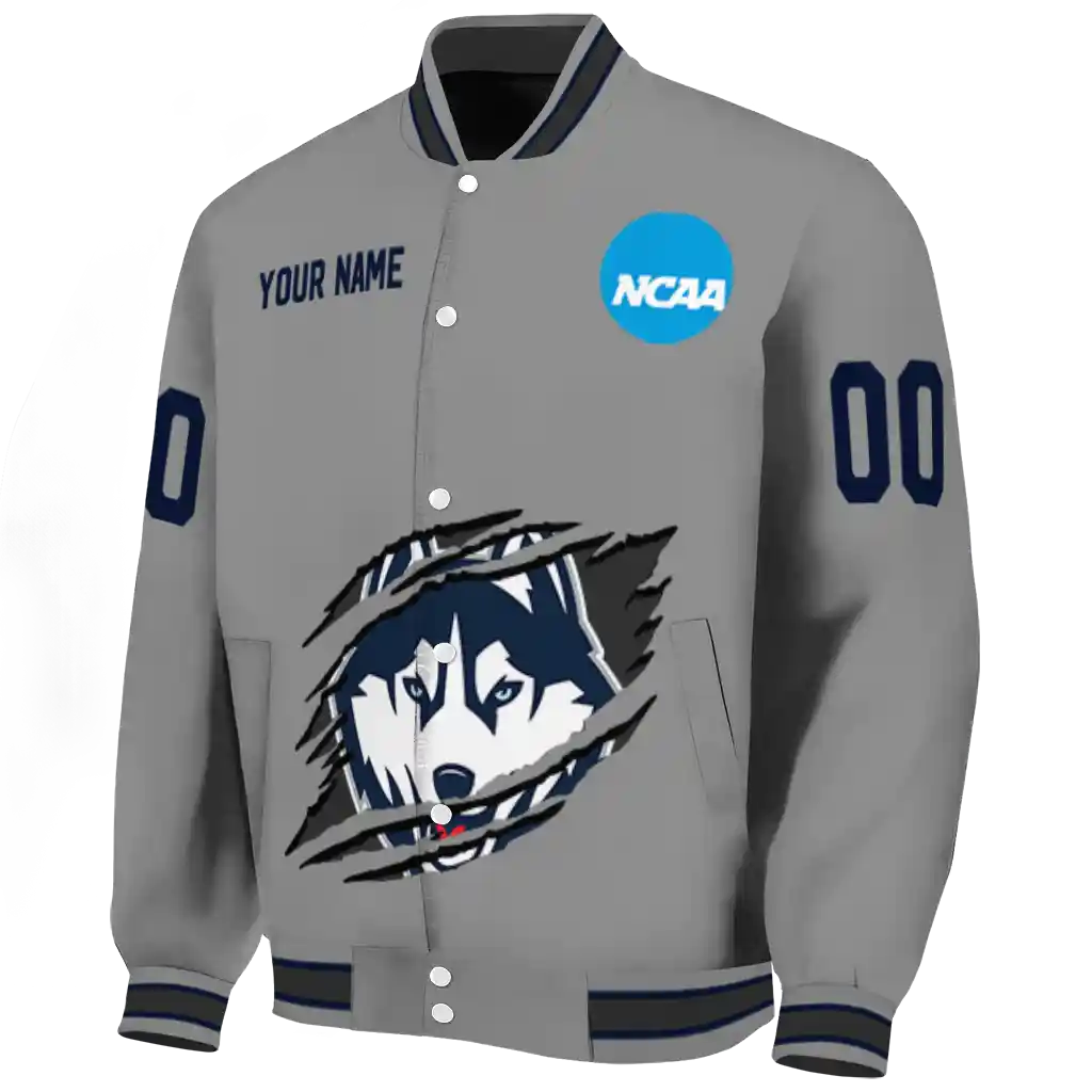 personalized uconn huskies feral slash grey varsity jacket best selling personalized uconn huskies feral slash grey varsity jacket best selling