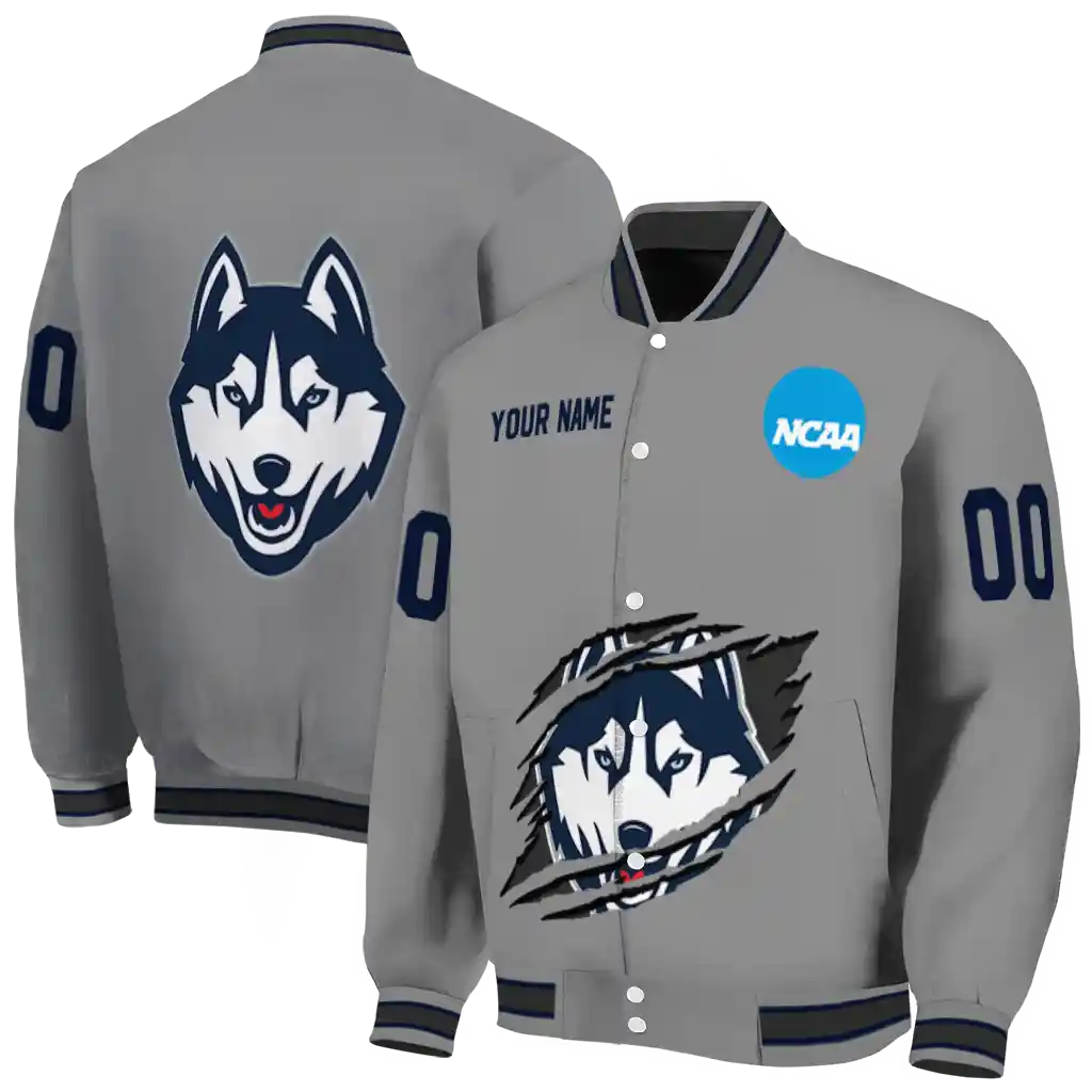 personalized uconn huskies feral slash grey varsity jacket fashion forward personalized uconn huskies feral slash grey varsity jacket fashion forward
