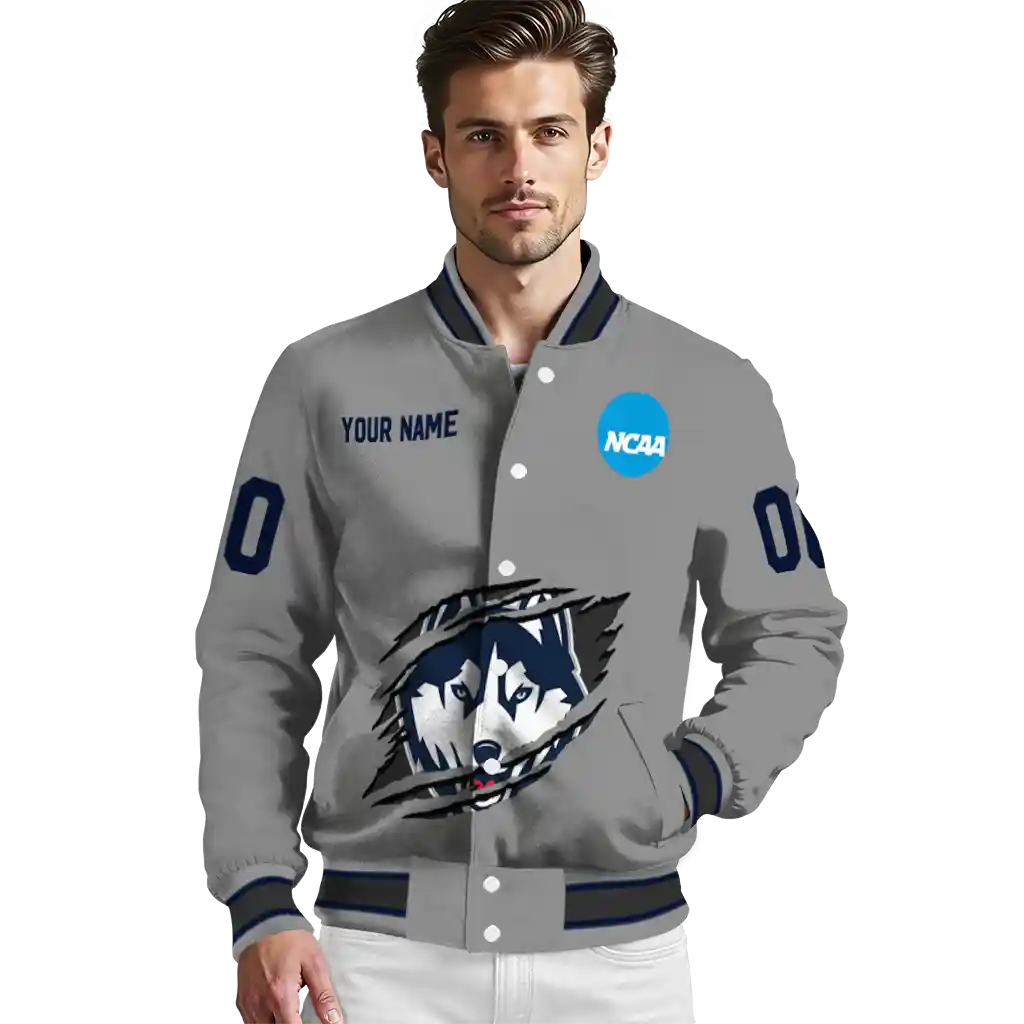 personalized uconn huskies feral slash grey varsity jacket high quality personalized uconn huskies feral slash grey varsity jacket high quality