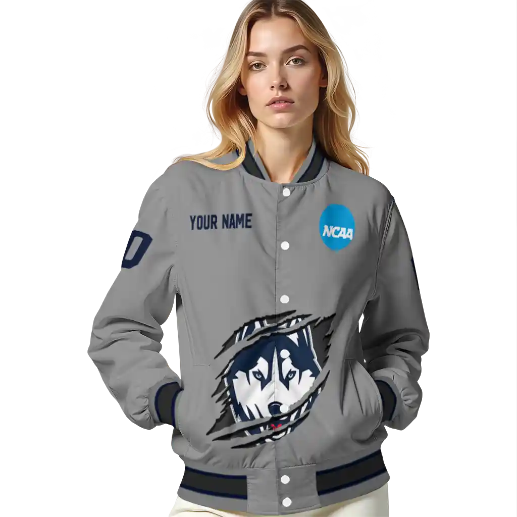 personalized uconn huskies feral slash grey varsity jacket latest model personalized uconn huskies feral slash grey varsity jacket latest model