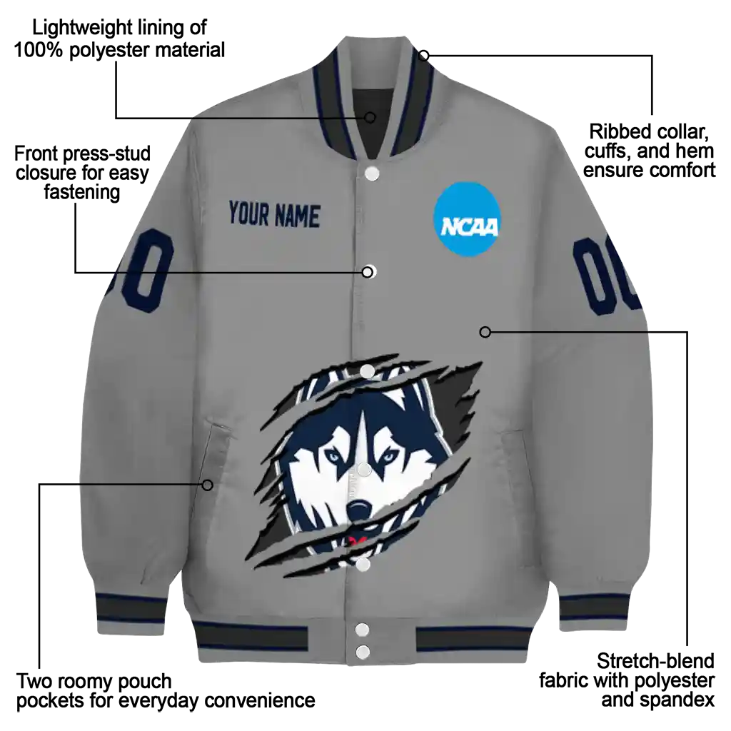 personalized uconn huskies feral slash grey varsity jacket new arrival personalized uconn huskies feral slash grey varsity jacket new arrival