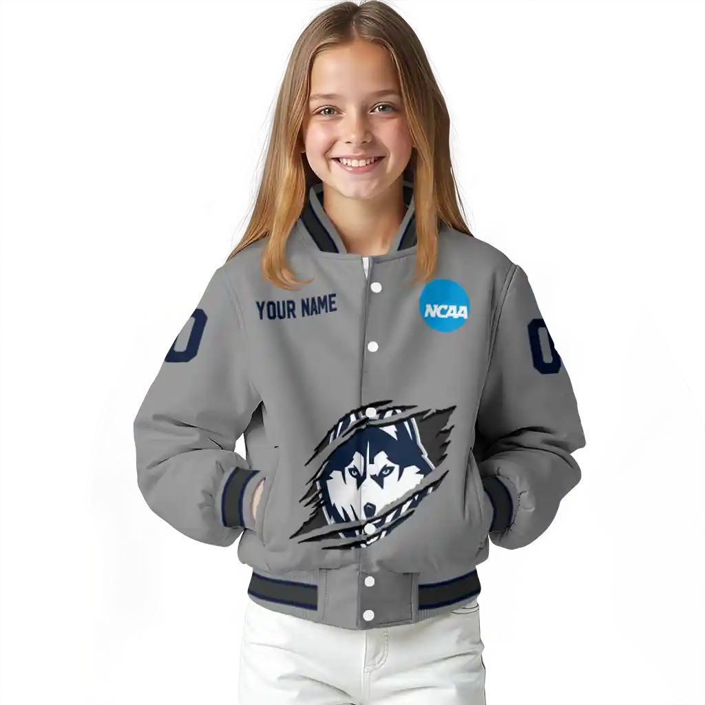 personalized uconn huskies feral slash grey varsity jacket top rated personalized uconn huskies feral slash grey varsity jacket top rated