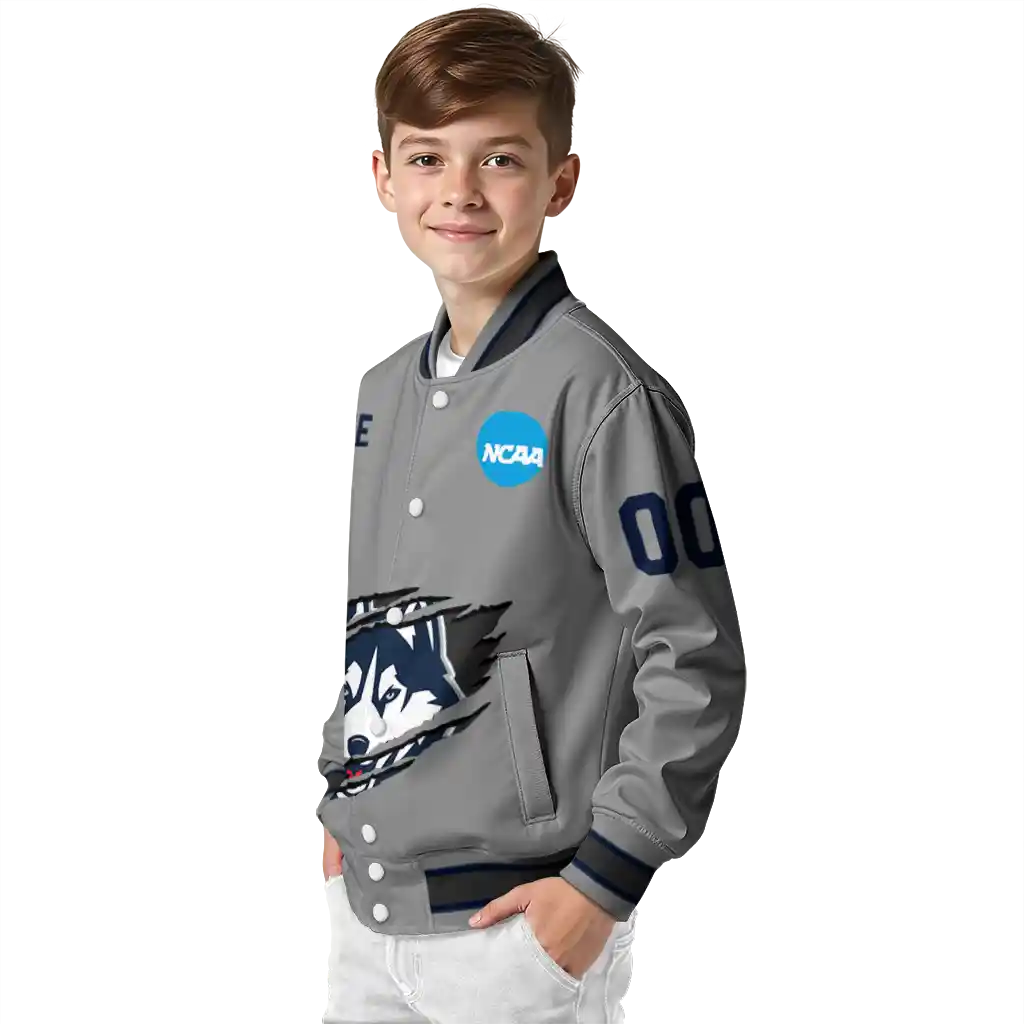 personalized uconn huskies feral slash grey varsity jacket trendy personalized uconn huskies feral slash grey varsity jacket trendy