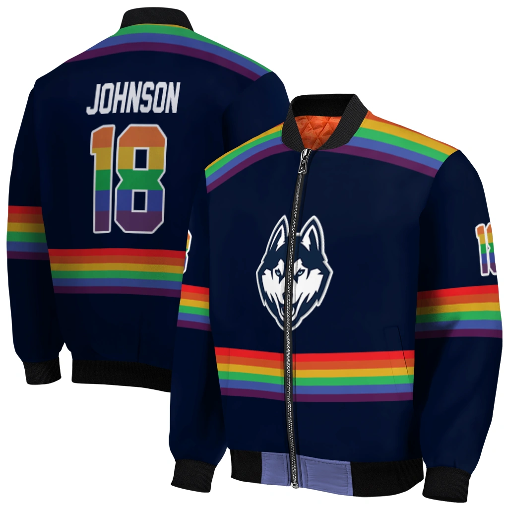 personalized uconn huskies rainbow jersey number blue bomber jacket best selling personalized uconn huskies rainbow jersey number blue bomber jacket best selling