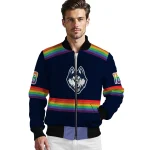 personalized uconn huskies rainbow jersey number blue bomber jacket best selling