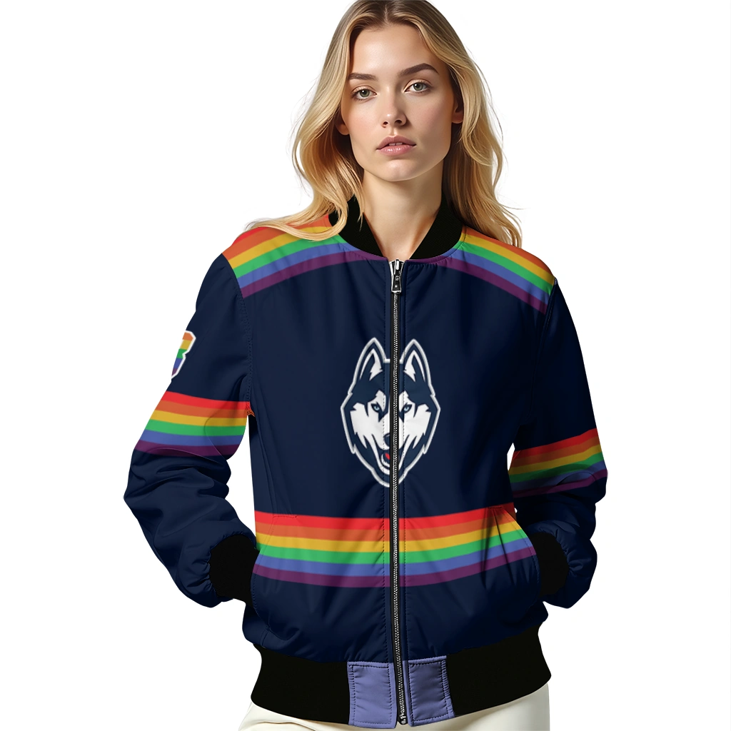 personalized uconn huskies rainbow jersey number blue bomber jacket latest model personalized uconn huskies rainbow jersey number blue bomber jacket latest model